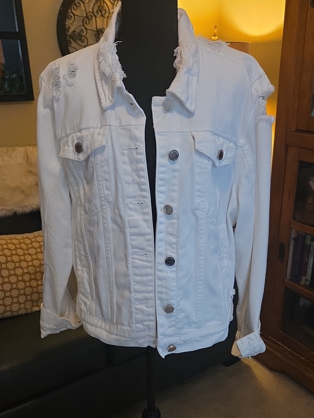 Blank NYC White Distressed Denim Trucker Jacket